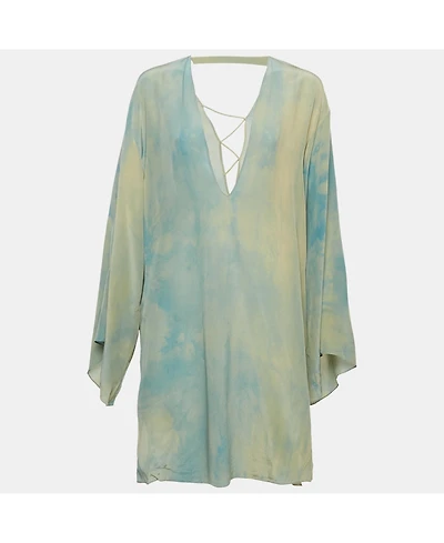 Pre-Owned Versace Women's Blue Abstract Print Silk Lace-Up Mini Dress