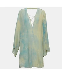 Pre-Owned Versace Women's Blue Abstract Print Silk Lace-Up Mini Dress