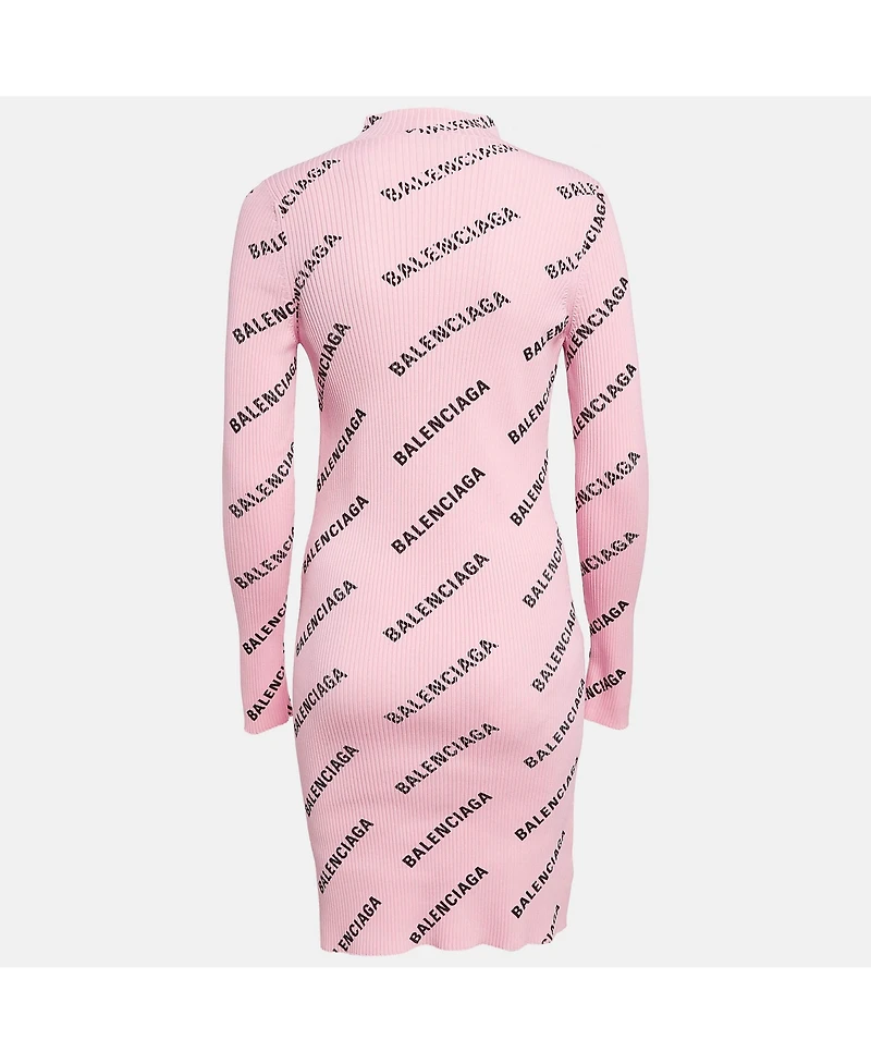 Pre-Owned Balenciaga Women's Pink Logo Print Rib Knit Bodycon Dress