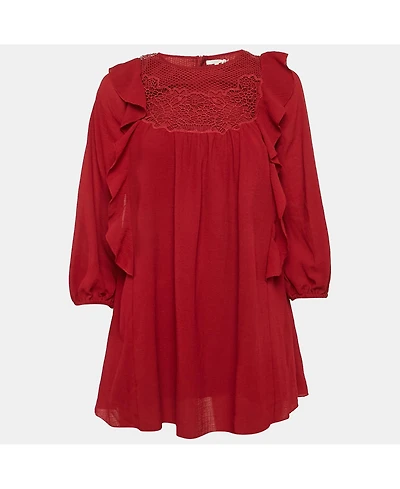 Pre-Owned Chloe Women's Red Crepe Ruffled Lace Overlay