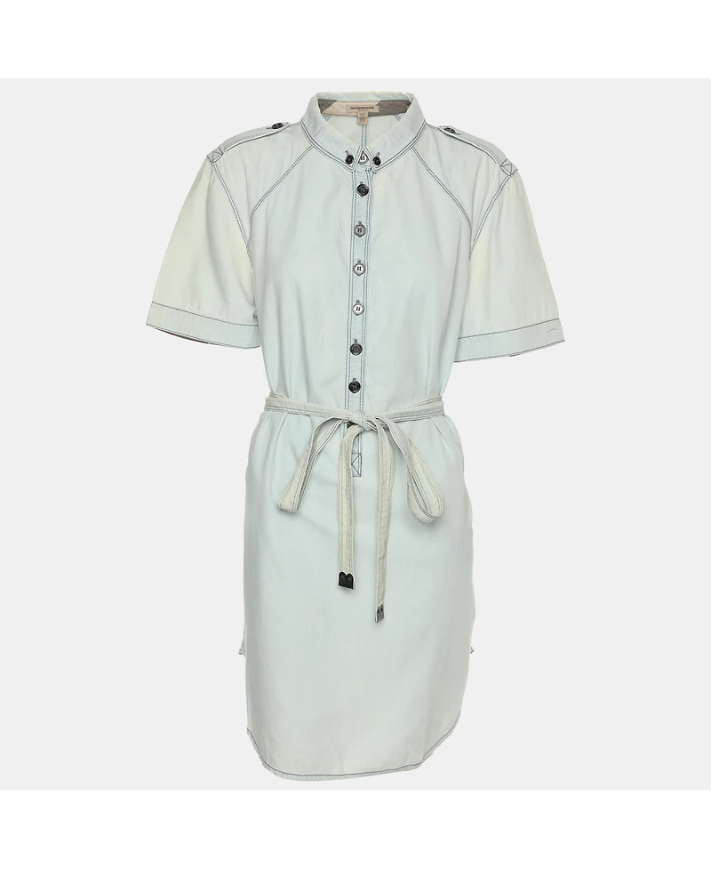 Pre-Owned Burberry Women's Brit Washed Blue Cotton Belted Dress