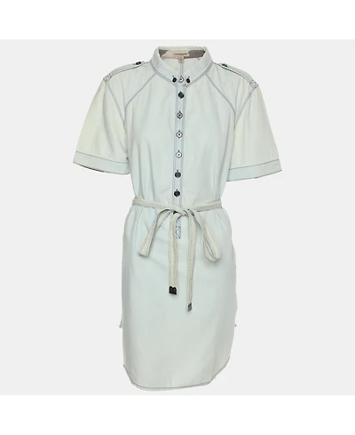 Pre-Owned Burberry Women's Brit Washed Blue Cotton Belted Dress