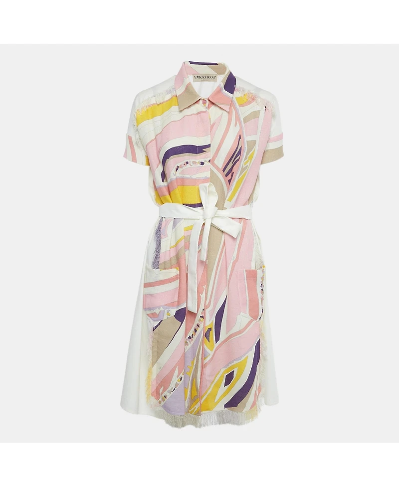 Pre-Owned Emilio Pucci Women's Multicolor Printed Cotton & Linen Frayed Mini Dress
