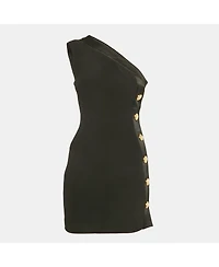 Pre-Owned Balmain Women's Black Crepe Button Detail One Shoulder Mini Dress