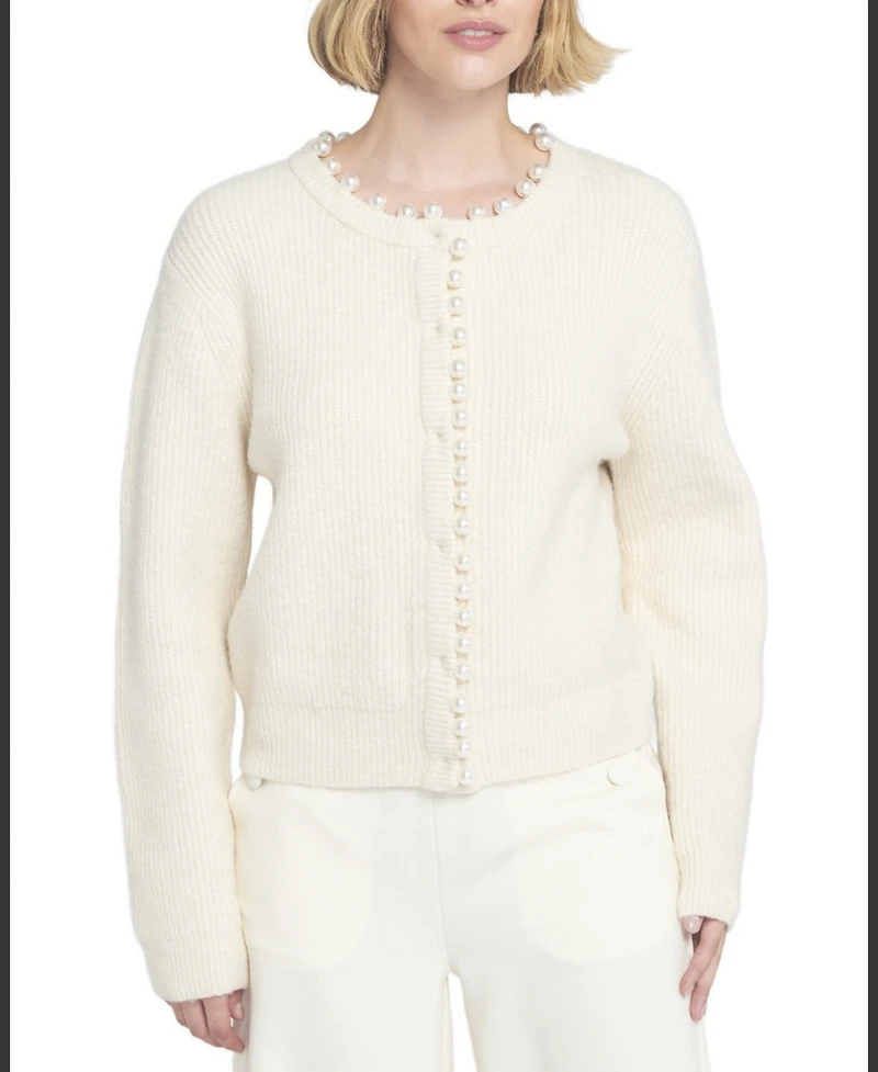 Elle Collection Women's Beaded Cardigan Cable Knit Sweater