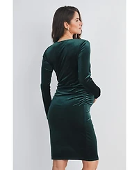 Hello Miz Maternity Long Sleeve V Neck Ruched Velvet Dress