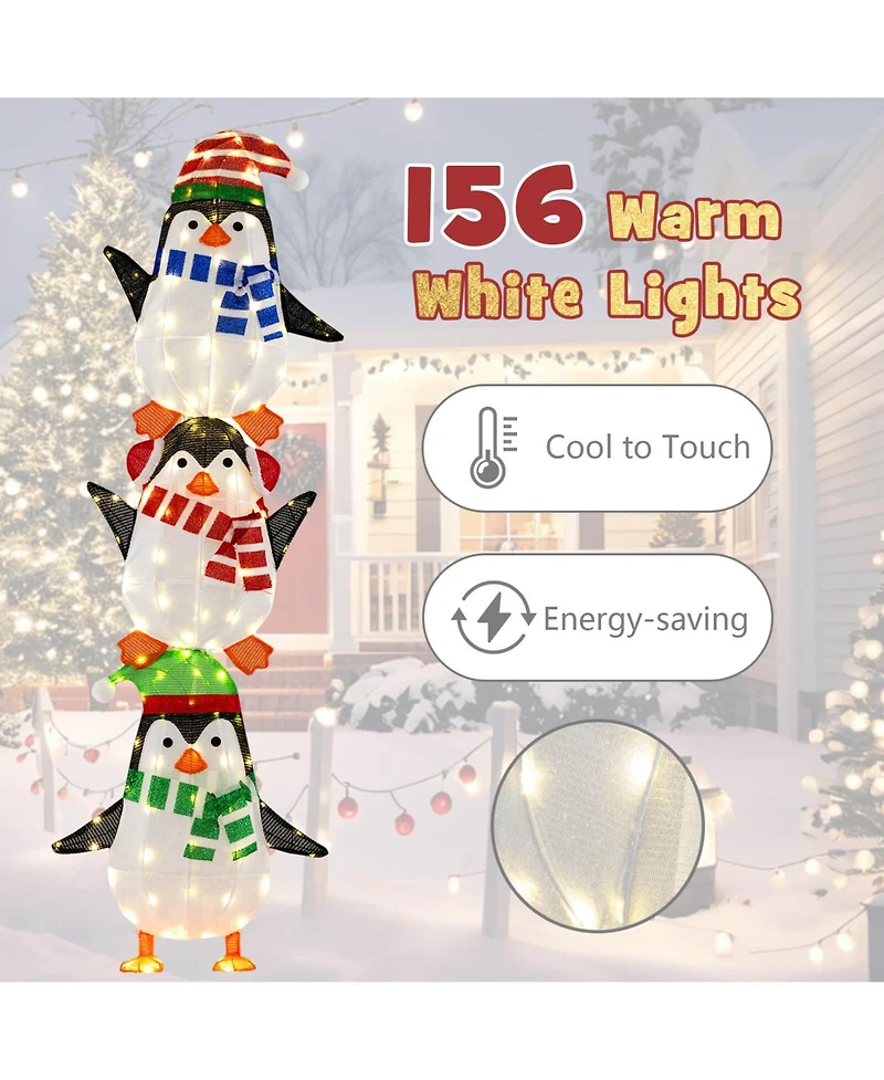 Costway Lighted Penguins Decoration Set of 3 with 156 Warm White Lights Cute Hats & Scarves
