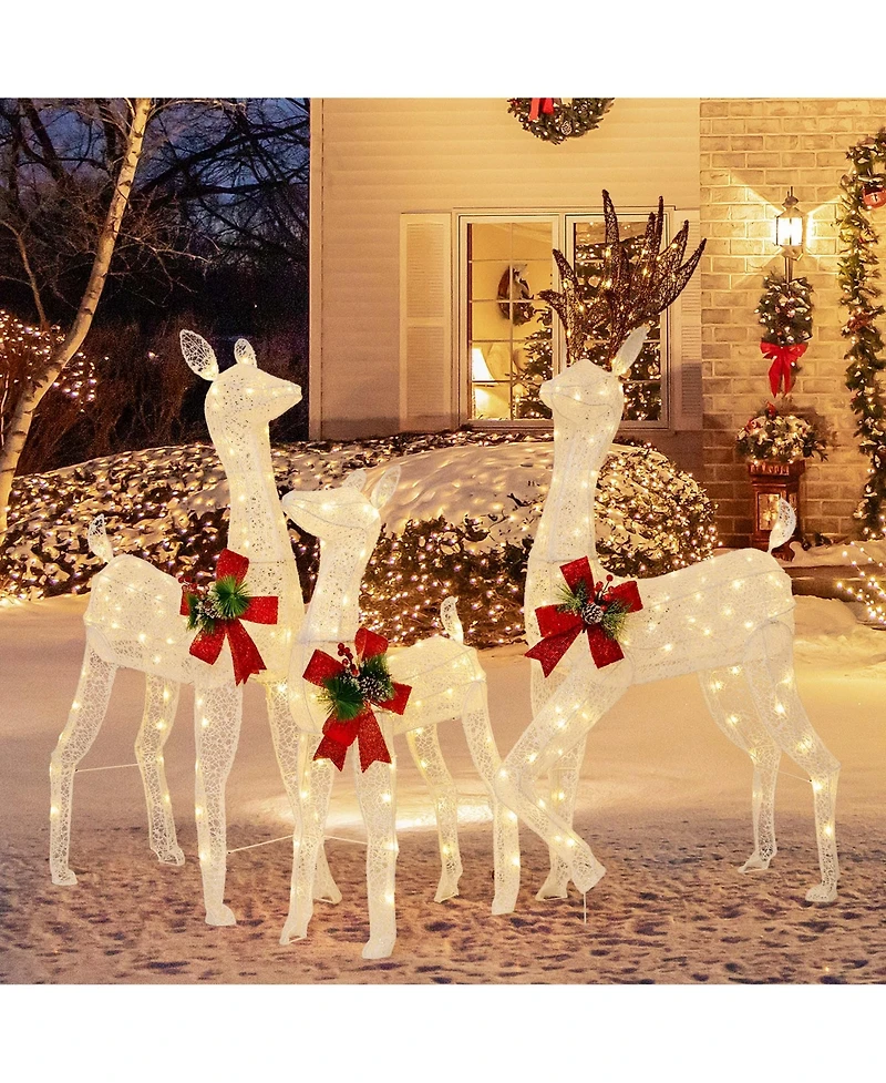 Costway 3 Pcs Pre-lit Christmas Reindeer Family 3D Lighted Glitter Deer Xmas Decoration