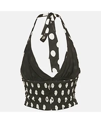 Pre-Owned Dolce & Gabbana Women's Black Polka Dots Print Silk Halter Neck Top