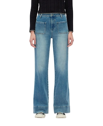 Bayeas Women's High-Rise Wide-Leg Vintage-Wash Front-Pocket Jeans