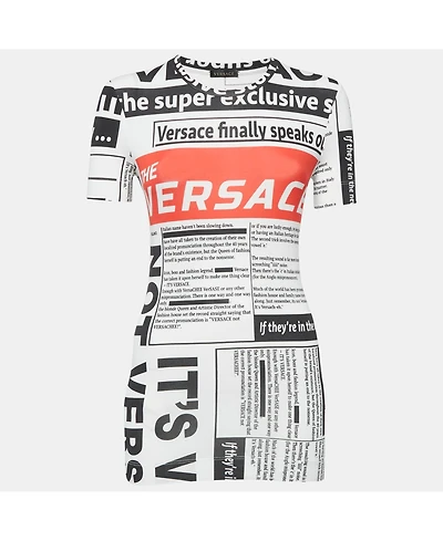Pre-Owned Versace Women's White Newspaper Print Cotton Crew Neck T-Shirt