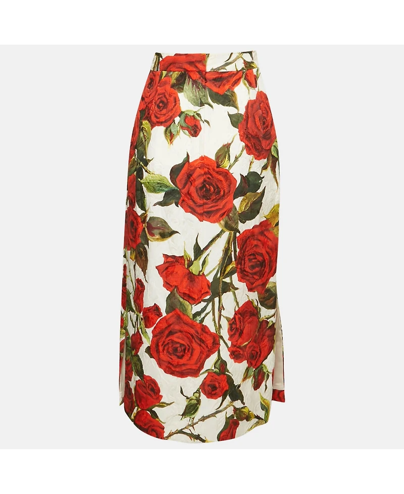Pre-Owned Dolce & Gabbana Women's White Rose Print Cotton Blend Jacquard Midi Skirt