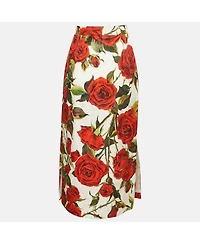 Pre-Owned Dolce & Gabbana Women's White Rose Print Cotton Blend Jacquard Midi Skirt