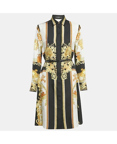 Pre-Owned Versace Women's Black/yellow Barocco Print Silk Belted Shirt Dress