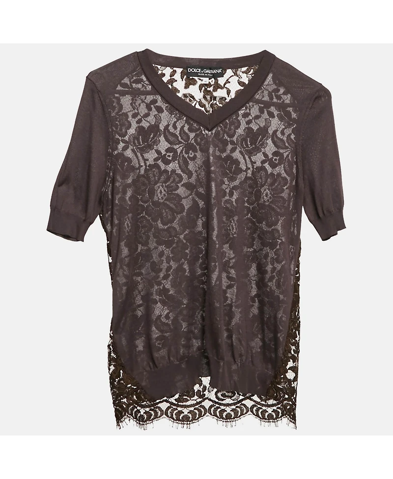 Pre-Owned Dolce & Gabbana Women's Brown Jersey And Lace V-Neck Top