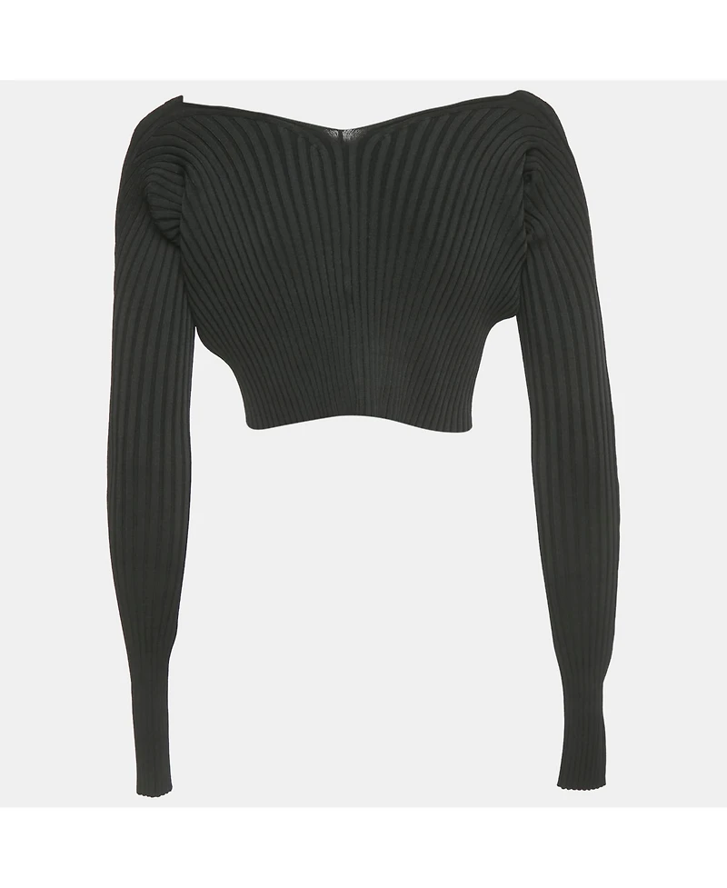 Pre-Owned Jacquemus Women's Black Rib Knit Logo Detail Crop Cardigan