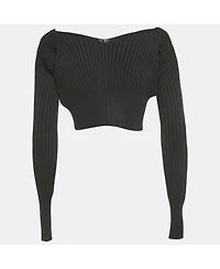 Pre-Owned Jacquemus Women's Black Rib Knit Logo Detail Crop Cardigan