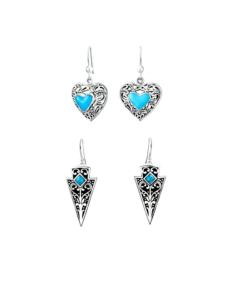 Bling Jewelry Set of 2 Blue Turquoise Boho Arrowhead and Filigree Heart Dangle Earrings Oxidized Sterling Silver