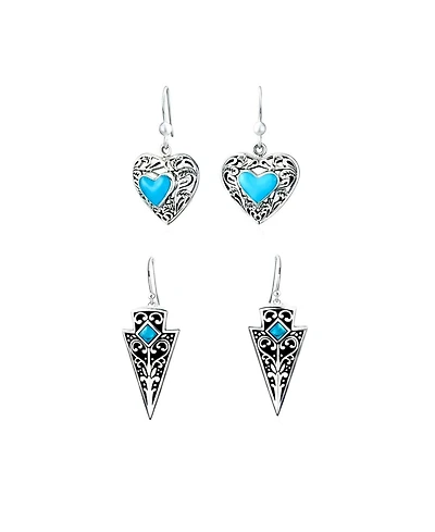 Bling Jewelry Set of 2 Blue Turquoise Boho Arrowhead and Filigree Heart Dangle Earrings Oxidized Sterling Silver