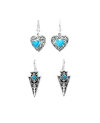 Bling Jewelry Set of 2 Blue Turquoise Boho Arrowhead and Filigree Heart Dangle Earrings Oxidized Sterling Silver