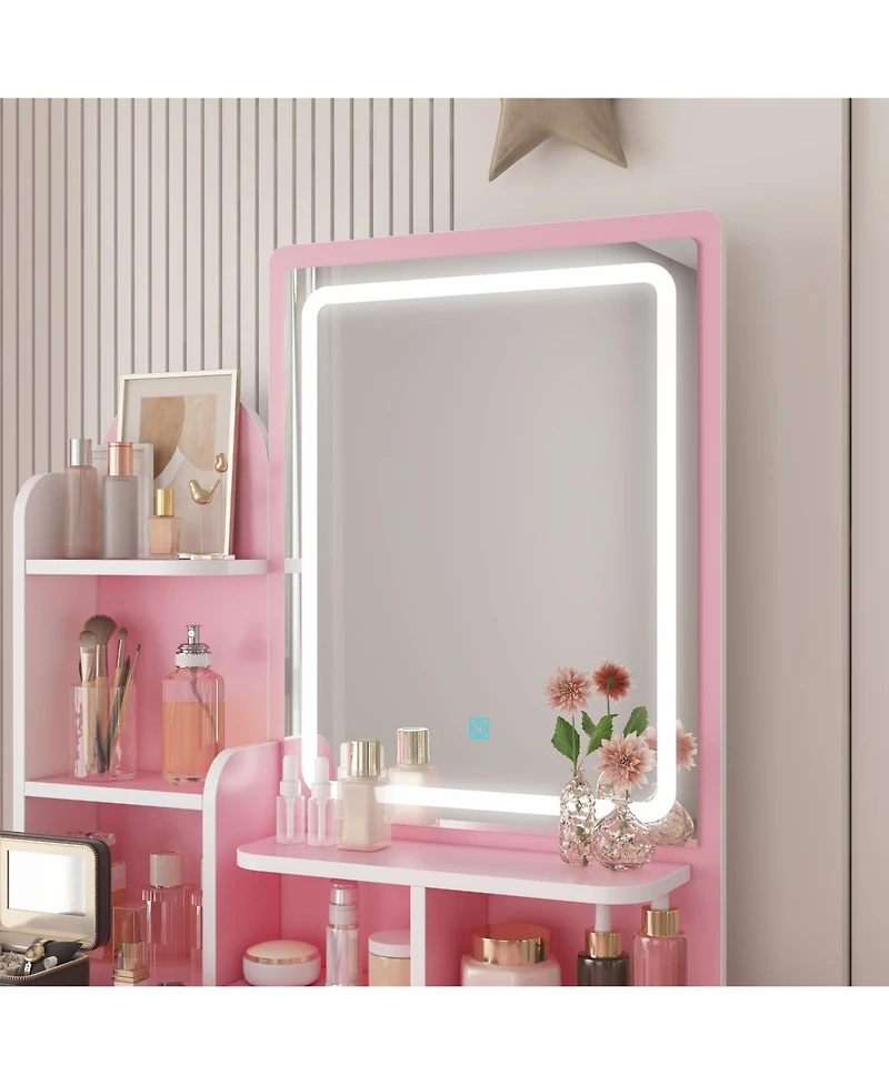Homsee 5-Drawers Pink Makeup Vanity Sets Dressing Table with Stool, Mirror, Led Light and 3-Tier Storage Shelves