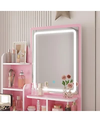 Homsee 5-Drawers Pink Makeup Vanity Sets Dressing Table with Stool, Mirror, Led Light and 3-Tier Storage Shelves
