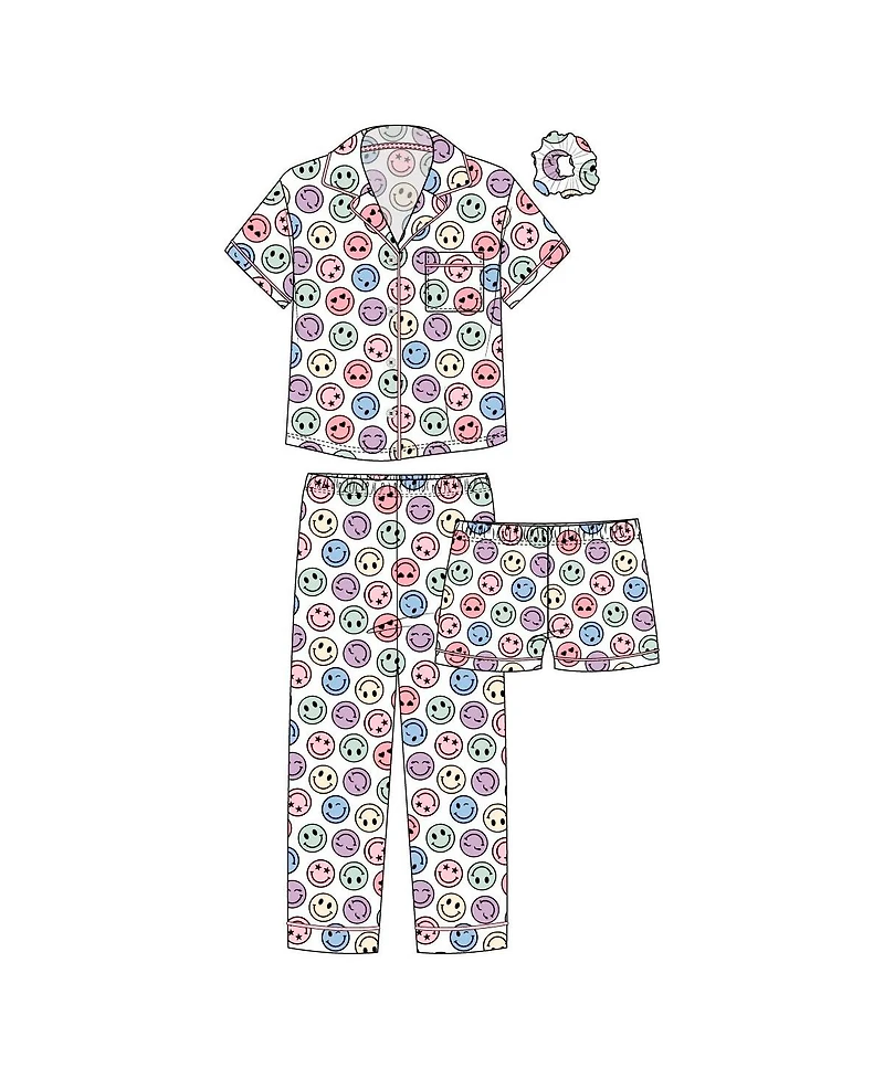 Tahari Girls 3-Piece Pajama Set with Short Sleeve Notch Collar Top, Elastic Waistband Pants, and Shorts Scrunchie