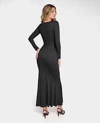 Popilush Women's Shapewear Long Sleeve Lace Trim Sculpting Mermaid Maxi Dress