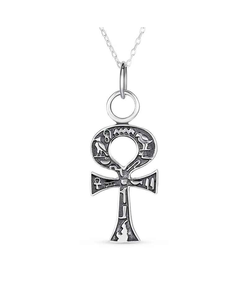 Bling Jewelry Religious Egyptian Hieroglyphs Key To Life Ankh Cross Pendant Necklace Oxidized Sterling Silver