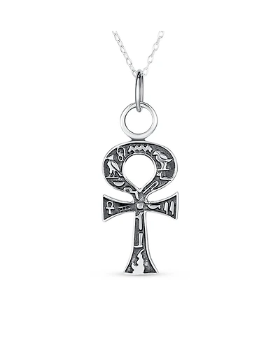 Bling Jewelry Religious Egyptian Hieroglyphs Key To Life Ankh Cross Pendant Necklace Oxidized Sterling Silver