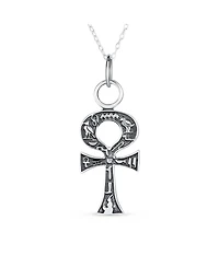 Bling Jewelry Religious Egyptian Hieroglyphs Key To Life Ankh Cross Pendant Necklace Oxidized Sterling Silver