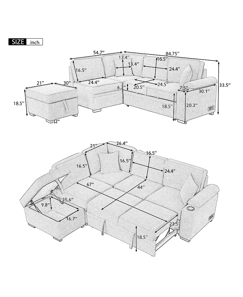 Boyel Living 84.75" Sleeper sofa Bed,2 1 Pull Out bed L Shape Couch with Storage Ottoman for Room, Bedroom and Small Apartme