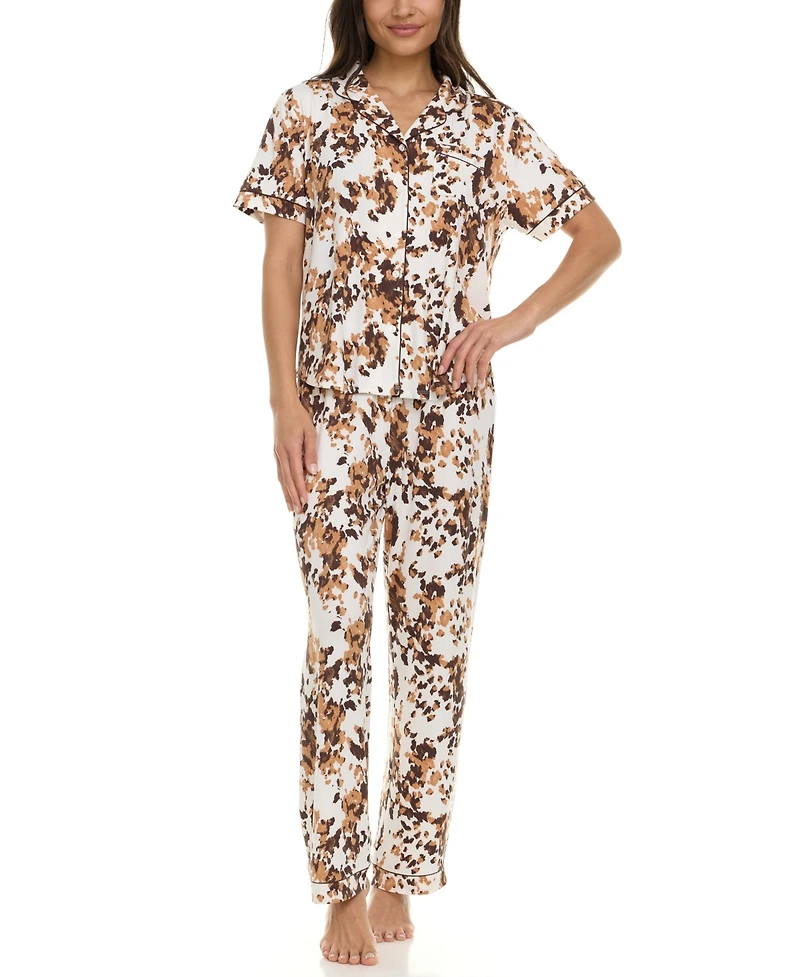 Flora by Nikrooz Women's Gabriella Printed Notch Collar and Long Pant Set