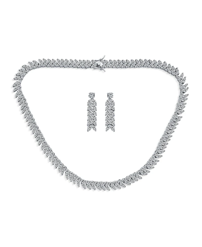 Bling Jewelry Art Deco Style Jewelry Set Multi Marquise Cz Statement Collar Tennis Necklace & Chandelier Dangle Earrings Silver Plated