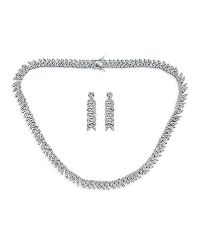 Bling Jewelry Art Deco Style Jewelry Set Multi Marquise Cz Statement Collar Tennis Necklace & Chandelier Dangle Earrings Silver Plated