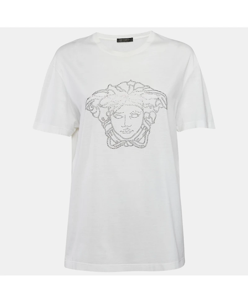 Pre-Owned Versace Men's Whte Medusa Embellished Jersey Crewneck T-Shirt