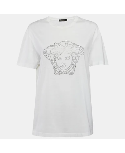 Pre-Owned Versace Men's Whte Medusa Embellished Jersey Crewneck T-Shirt