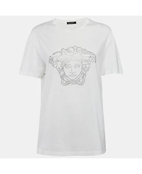 Pre-Owned Versace Men's Whte Medusa Embellished Jersey Crewneck T-Shirt