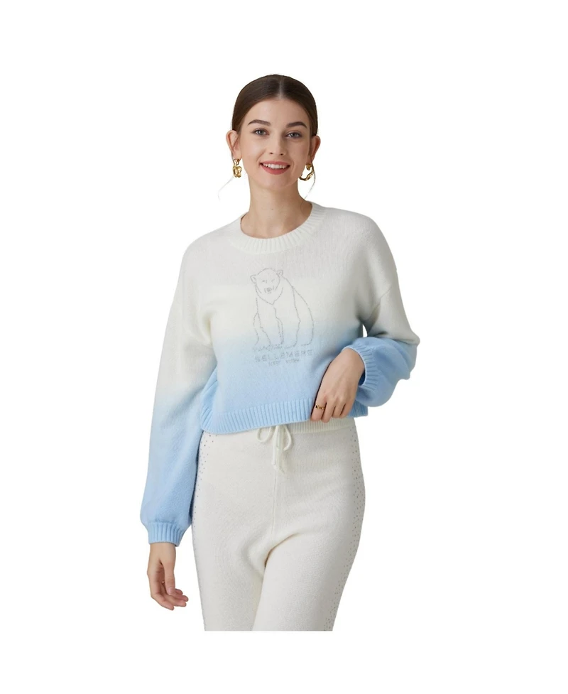 Bellemere New York Women's Polar Bear Cropped Cashmere Sweater (With Crystal Touch)