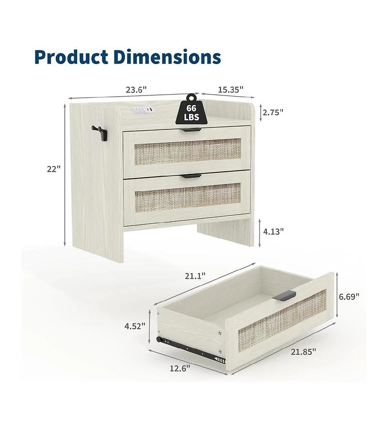 gaomon Rattan Nightstand, Bedside Table with Type-c Charging Station - 2 Storage Drawer Space, Boho End Table Side Table, 1pcs