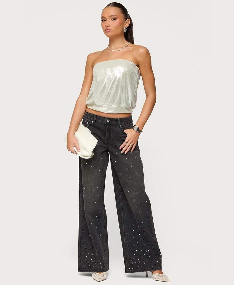 Edikted Womens Rhinestone Low Rise Washed Jeans