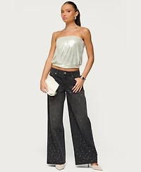 Edikted Womens Rhinestone Low Rise Washed Jeans