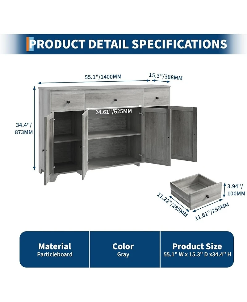 gaomon Sideboard Buffet Cabinet, 55in Large Modern Kitchen Coffee Bar Cupboard Cabinet with 4 Doors 3 Drawers Adjustable Shelves Wood