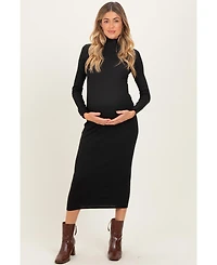 Pinkblush Maternity Black Turtle Neck Long Sleeve Rib Fitted Midi Dress
