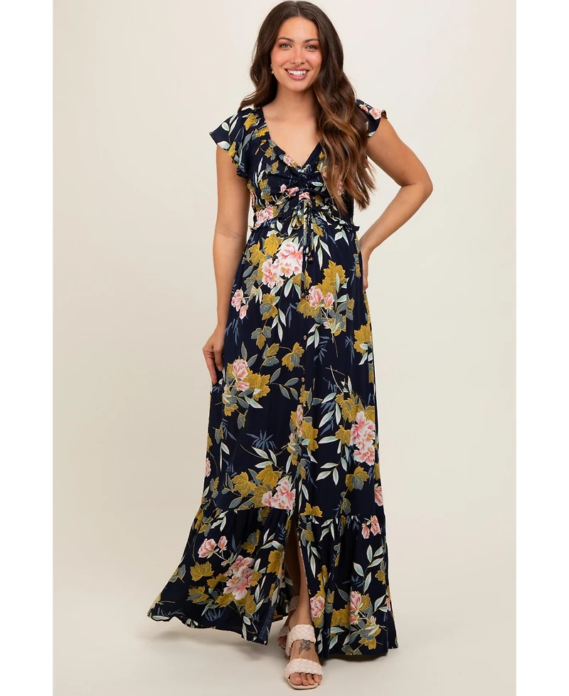 Pinkblush Maternity Navy Floral Smocked Cinched Top Maxi Dress