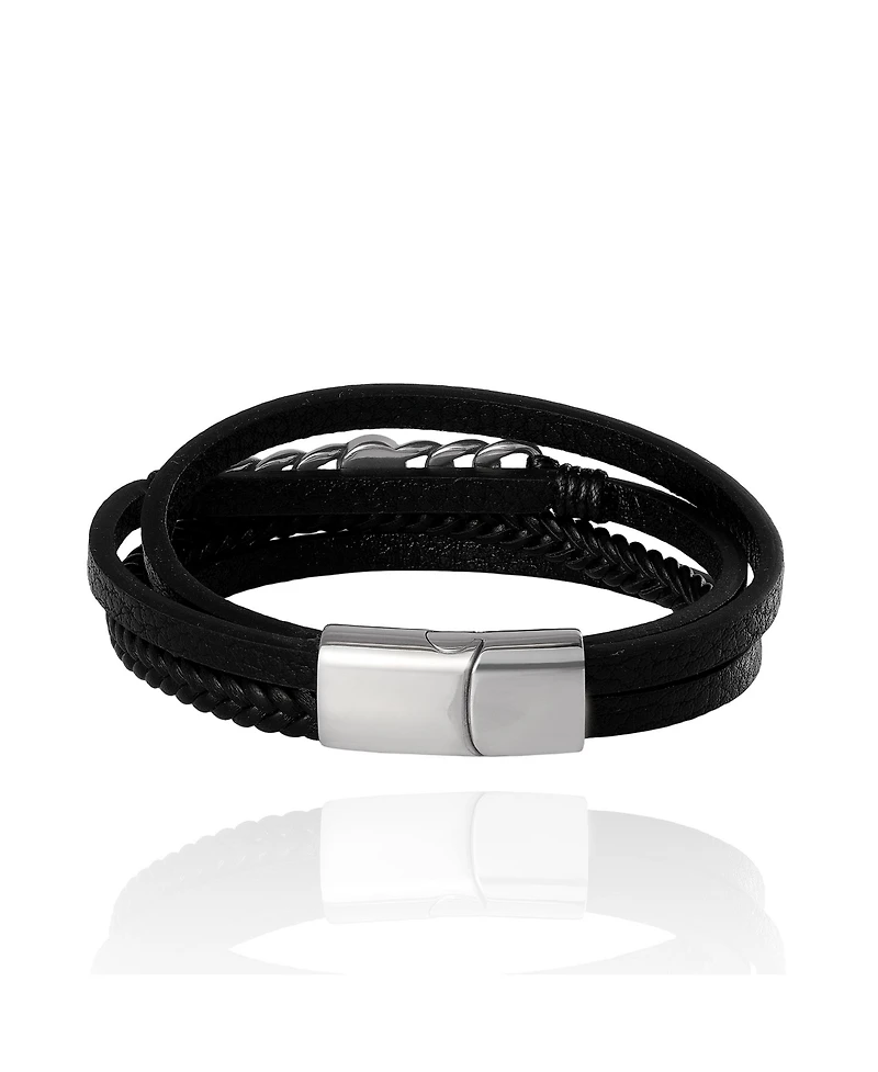 Lucky Brand Men s Multi Row Leather & Chain 8.25'' Bracelet with Compass Emblem