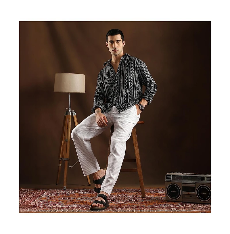 Campus Sutra Men's Onyx Black Folk-Weave Shirt