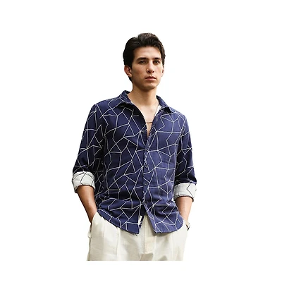 Campus Sutra Men's Indigo Blue Mosaic-Jacquard Shirt