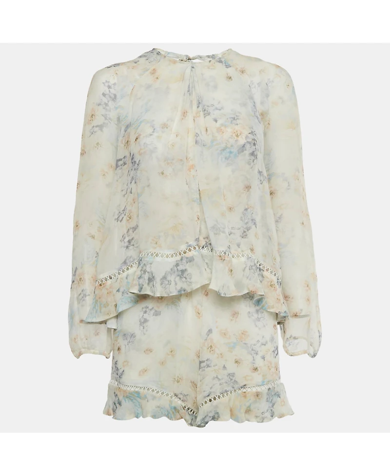 Pre-Owned Zimmermann Women's Cream Floral Print Silk Ruffled Playsuit