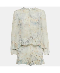Pre-Owned Zimmermann Women's Cream Floral Print Silk Ruffled Playsuit